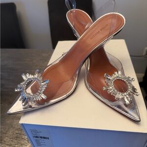 Amina Muaddi Silver Heels with Crystal Embellishments
